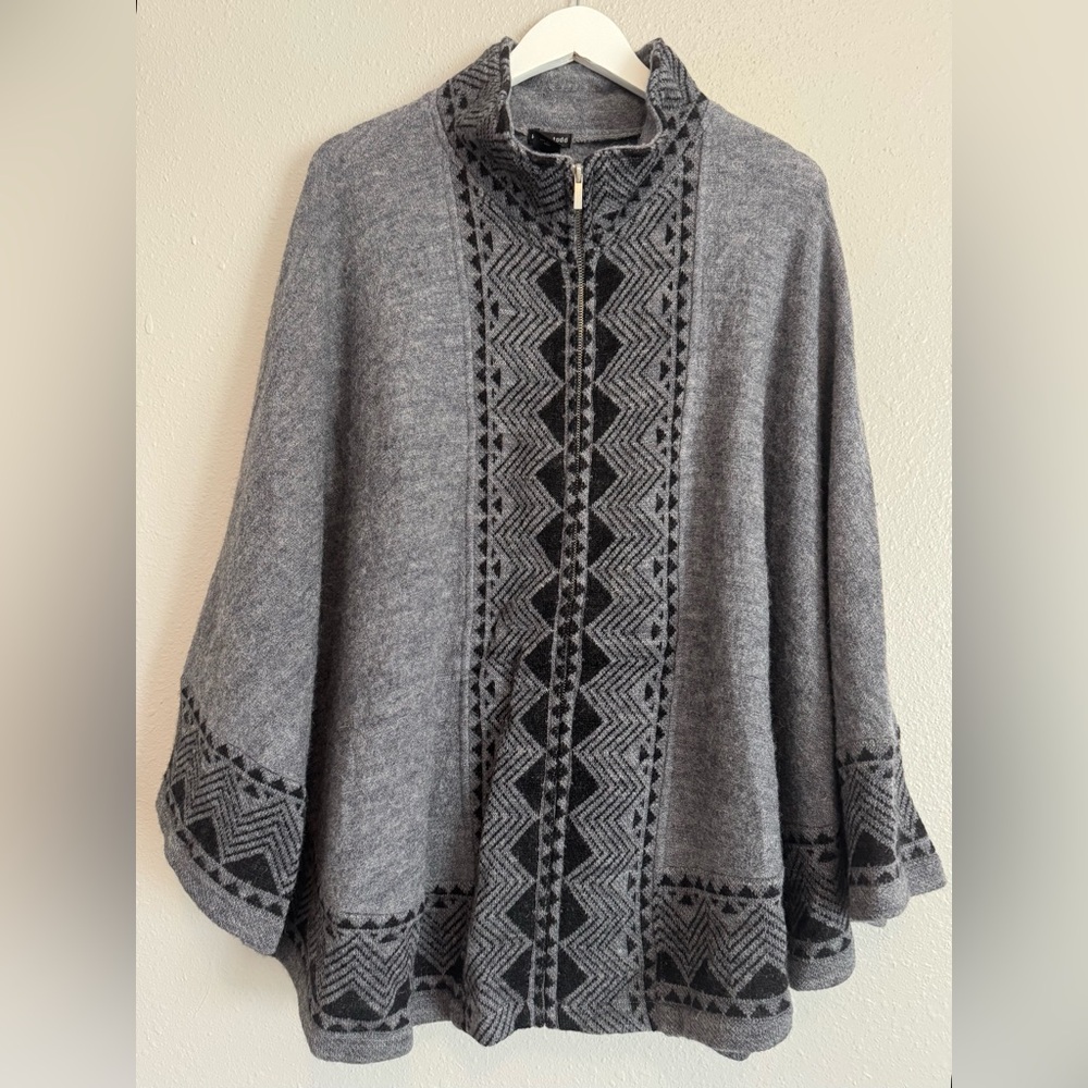 KATIE TODD 100% Wool Nordic/Aztec Oversized‎  Zip Front Poncho Cape L/XL